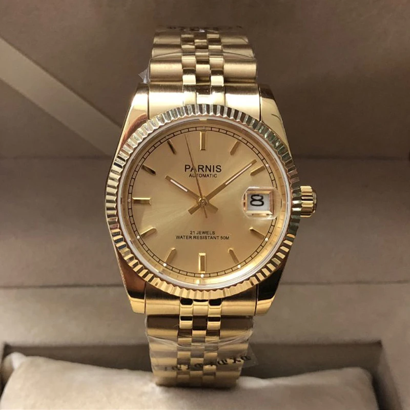 

New Parnis Automatic Mechanical Men's Watch Gold Men Women Elegant Calendar Stainless Bracelet Watches Man Clock box gift PA2112