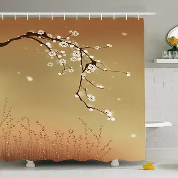 

Shower Curtain Set with Hooks 66x72 Oriental Flower Style Painting Plum Revival Japan Blossom Wind Growth China Pattern Design