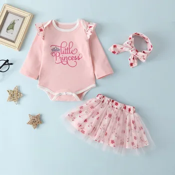 

Baby Girls Outfits Summer Clothes Bow Top Ruffles Long Sleeves Short Dresses Floral Print Hairband Toddler Children Clothing Set