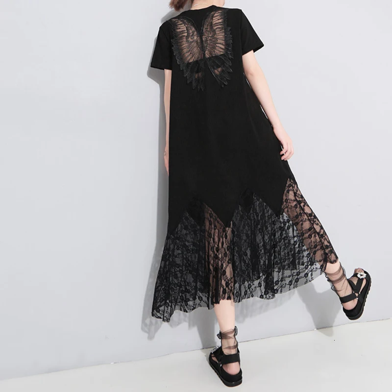 [EAM] Новое весенне-летнее черное кружевное длинное платье с круглым вырезом и коротким рукавом, женское модное платье JU177