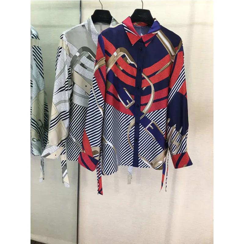

2019 autumn new silk geometric element pattern open buckle on both sides thin waist shirt clothing female quality positioning pr