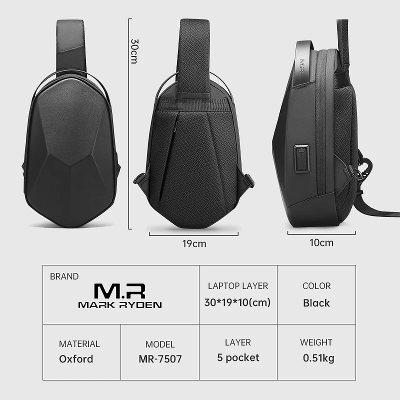 MARK RYDEN 9.7 Inch Ipad Men Shoulder Bag Black Anti-theft Water-repellent Male Crossbody Bag Short Trip Sling Bag USB Charging