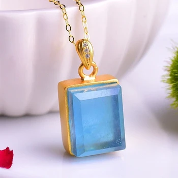 

Natural Deep Blue Aquamarine Pendant Women Men Rectangle Gift 16*12*9mm Clear Bead Crystal Necklace Certificate AAAAA