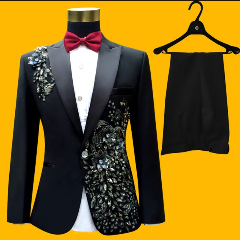 Hot 2024 New Spring Men Plus Size Black Suit Groom Wedding Dress Male Singer Blazers Stage Costumes (Suits+ Pants +Tie +Girdle)