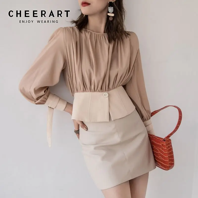 Женская укороченная блузка с баской CHEERART плиссированная длинным