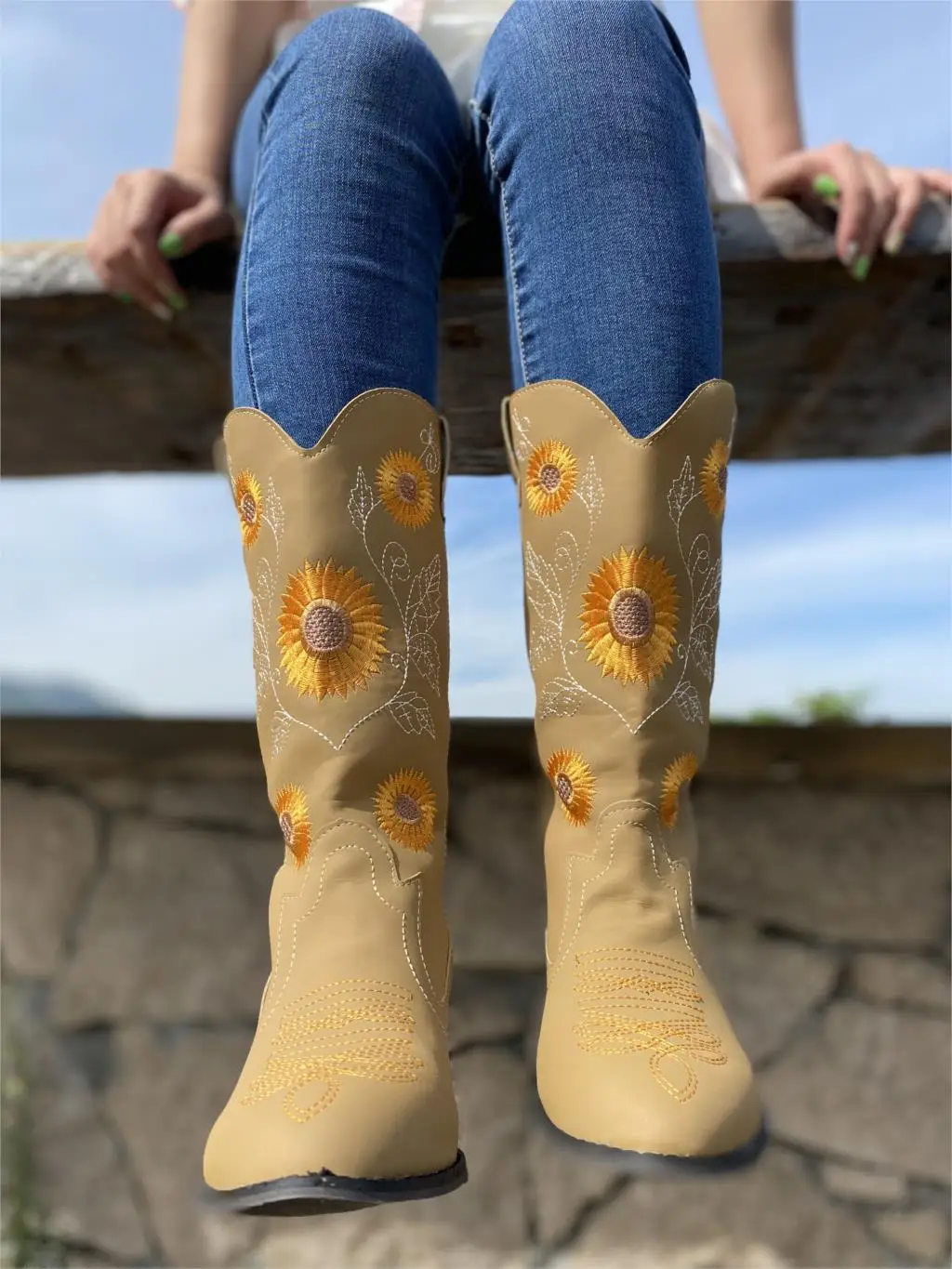 Puimentiua Western Cowboy Boots for Women Pointed Toe Ladies Shoes Embossing Suede Leather Mid-calf Chunky Wedges Boot | Обувь
