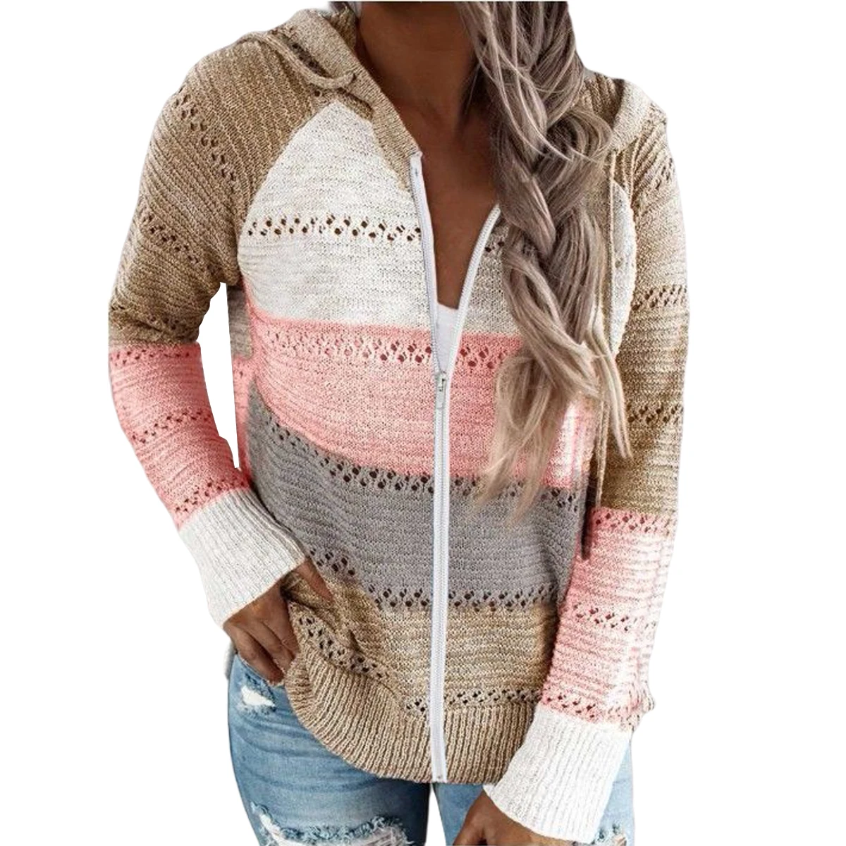 Suéter con capucha de manga larga para mujer, cárdigan de retales, suéteres informales sueltos a la moda, trajes de otoño e invierno