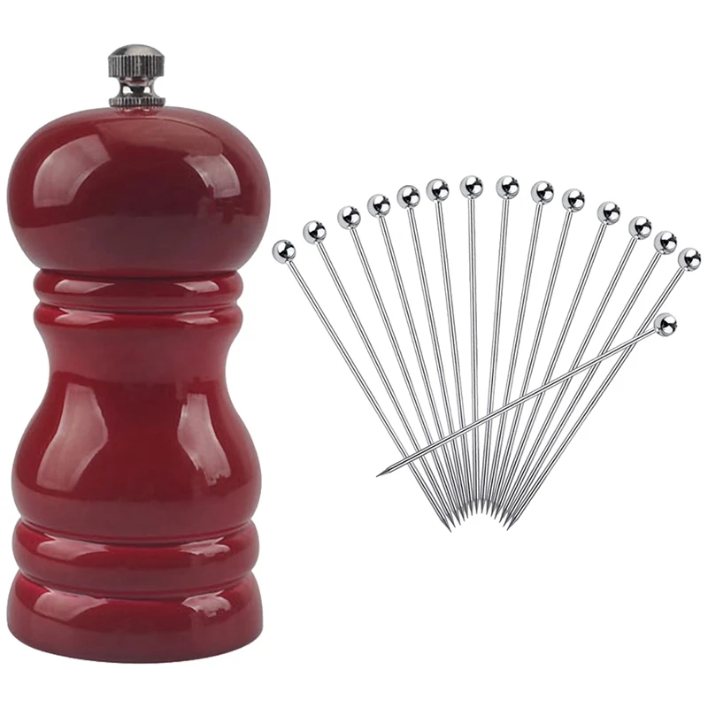1set Pepper Mill Salt Grinder Spice Mills Hand Movement Manual Red & 15Pcs Cocktail Picks | Дом и сад
