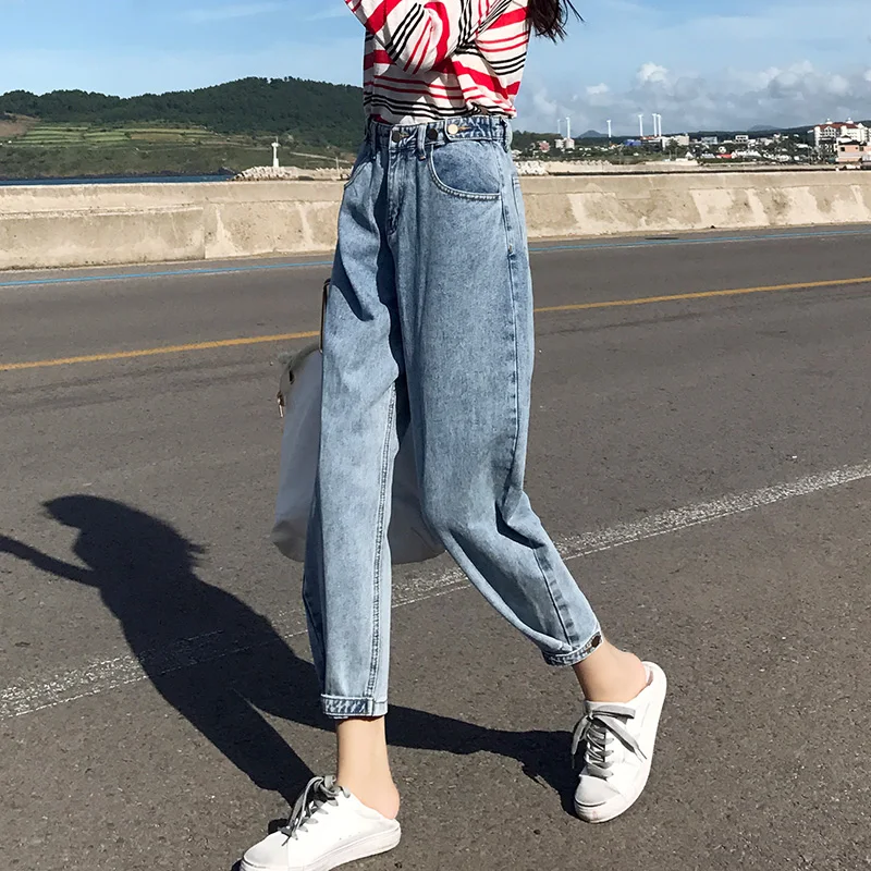 

High Waist Jeans Woman Plus Size Street Style Elastic Waist Denim Pants Cotton Loose Coated Vintage Washed Boyfriend Jeans 2020