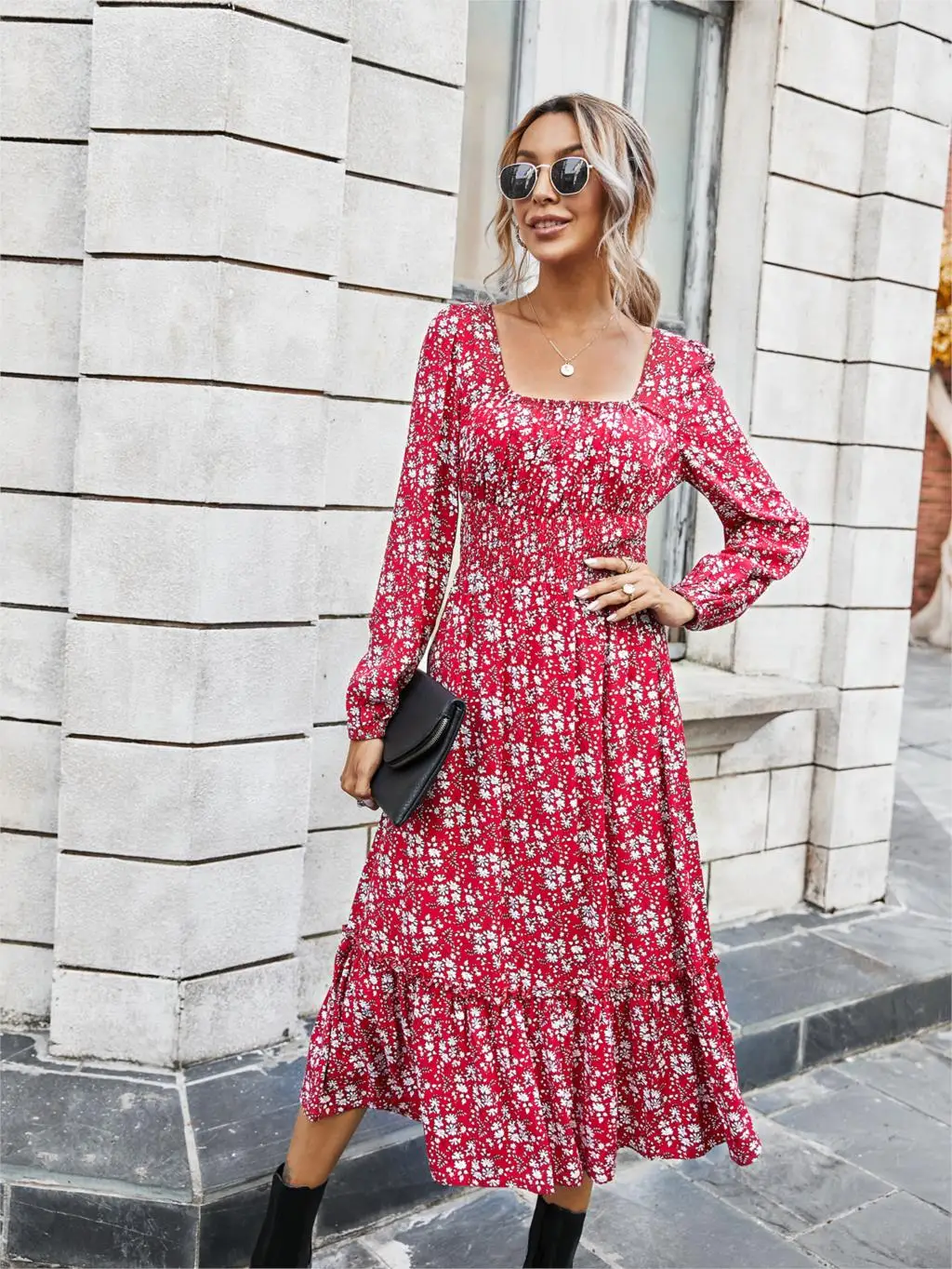 Chifirena Elegant Party Mid-Length Vintage Autumn Dress Women Square Collar Floral Print Ruffles Casual Dresses Minie Vestidos