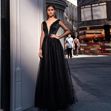 

Simple Tulle Black Evening Dresses 2021 A Line With Illusion Long Sleeves Corset Lace Up V Neck Formal Prom Party Gown