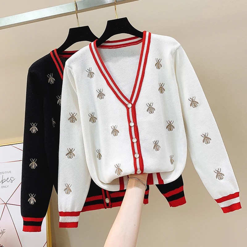 

2019 New Bees Embroidered Knitted Thin Loose Lazy Wind Knitted Coat Womens Knitting Cardigan Ladies Autumn Knit Jacket Sweaters