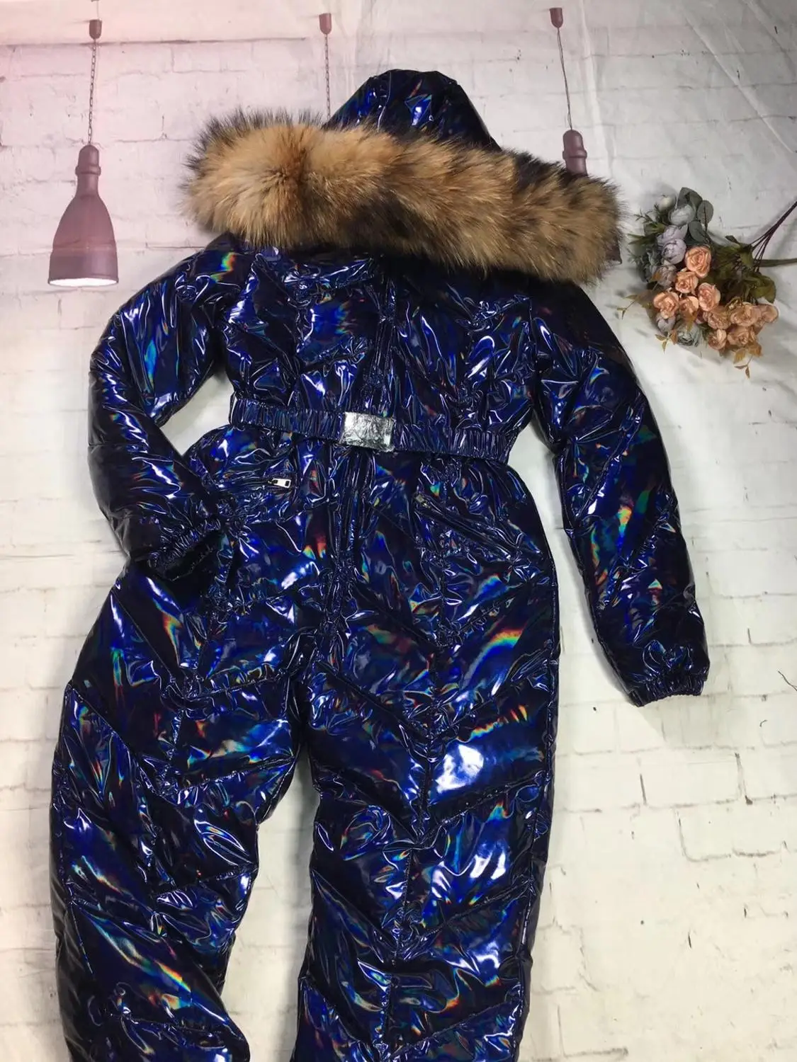 

shiny color super fur 2019 Winter jumpsuit women white duck down jackets Women's ski suit down jacket outdoor suit outerwear