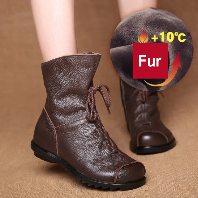 Женские ботинки из натуральной кожи; популярная женская обувь; ботильоны; ковбойские ботинки до середины икры; женские зимние ботинки; ботинки размера плюс 42 - Цвет: brown fur
