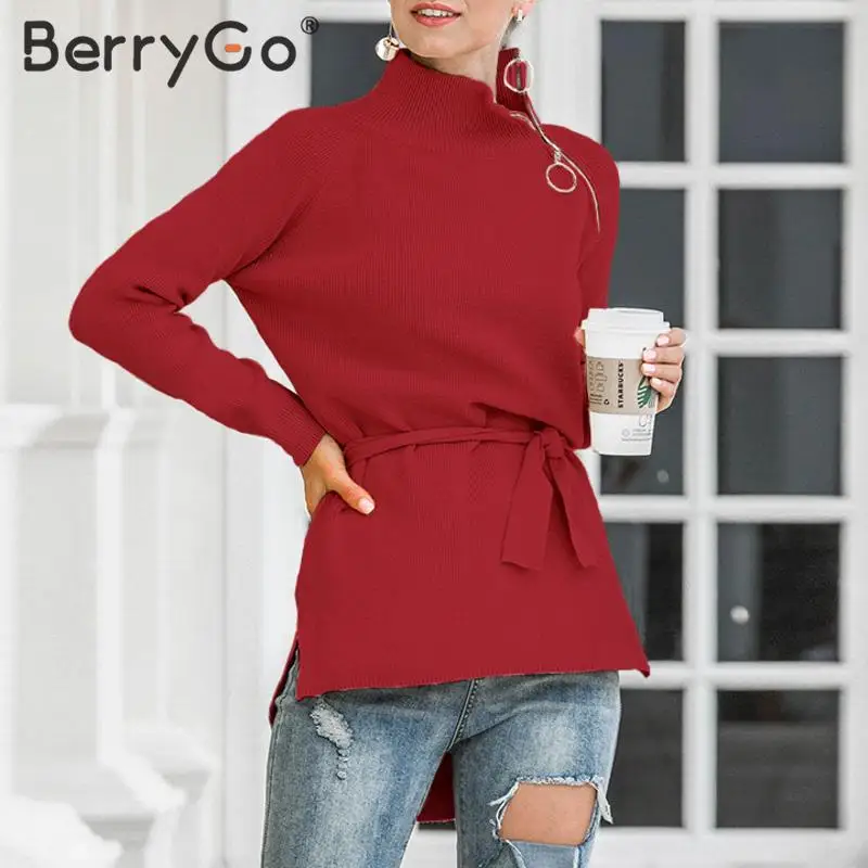 BerryGo Элегантная водолазка с галстуком бабочкой свитер для женщин на молнии