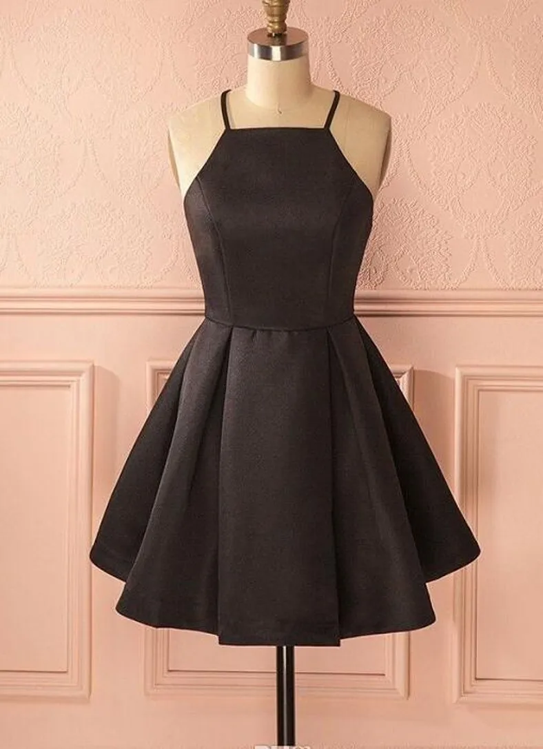 

Vintage Halter Satin Short Black Homecoming Dress Cocktail Dresses Vestido De Festa Sexy Spaghetti Straps Cheap Formal Gowns