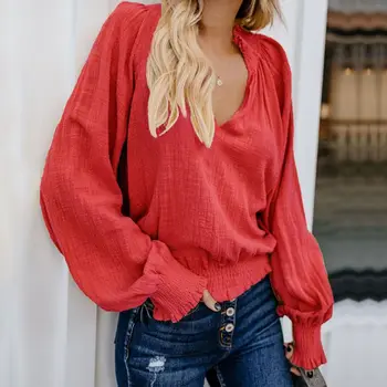 

SHIRT SUMMER Women's Blouses Office Style Solid V-neck Casual Wrap Front Long Lantern Sleeve Loose Fit Basic girl Shirt