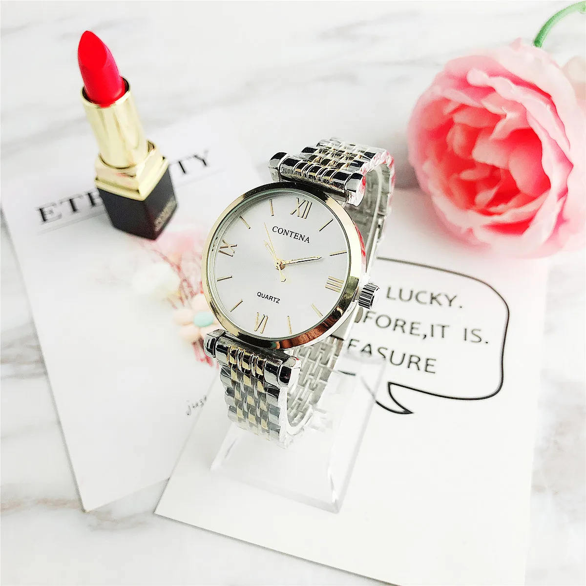 

CONTENA New Waterproof Women's Watches Top Brand Luxury Fashion Stainless Steel Quartz Watches Ladies Rose Gold Watch