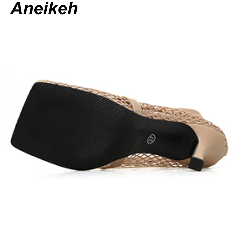 Aneikeh NEW Shoes Women Square Toe Hollow Out Mesh Pumps High Heels Ankle Chain Decor Summer Shoes Black Sexy Slip On Pumps