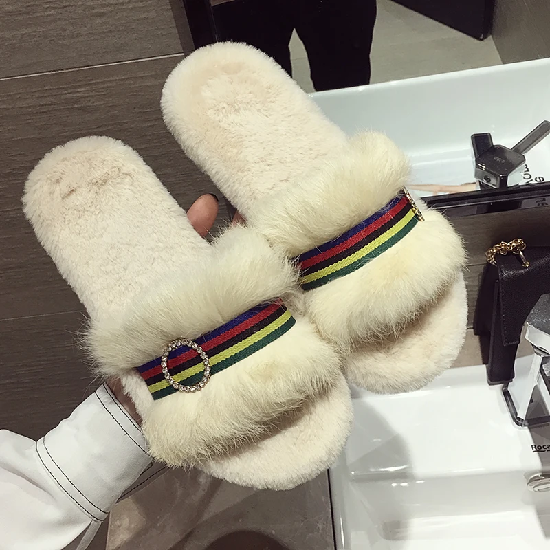 

Low Women's Slippers 2019 Slides Shoes Flock Pokemon Plush Fashion Ladies Flip Flops New Soft Flat Fur Luxury Hawaiian