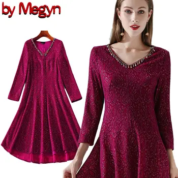 

2020 spring Fashion Runway Dress Women's Long Sleeve Vintage Lace Elegant Crystal Beading Loose Dress 3XL Plus