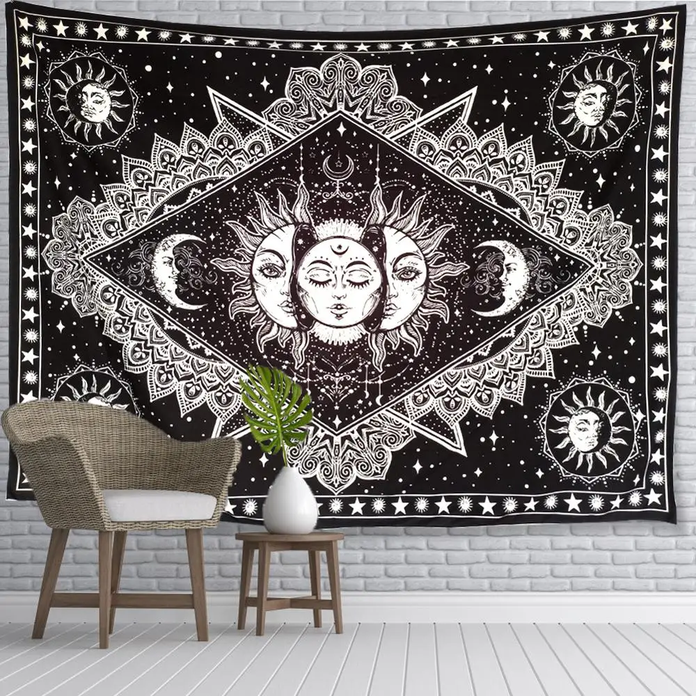 Negro Trippy Tapiz de Mandala de pared colgante sol Luna y estrellas Tarot psicodélico Tapiz Hippie Decoración de casa Gobelin de la pared de tela