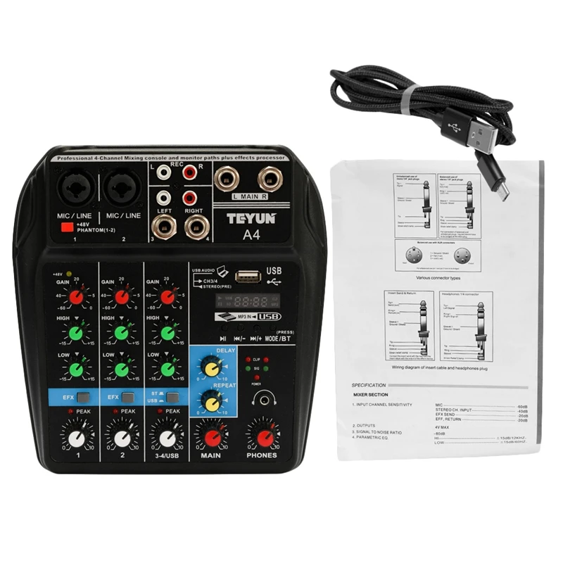 

ABLB--Tu04 Bt 4 Channels Sound Mixing Console Record 48V Phantom Power Monitor Aux Paths Plus Effects Audio Mixer With Usb Cable