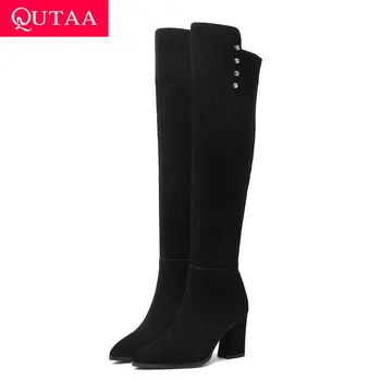 

QUTAA 2020 Women Over The Knee High Boots Cow Suede Winter Long Boots Square High Heel Pointed Toe Zipper Women Shoes Size 34-40