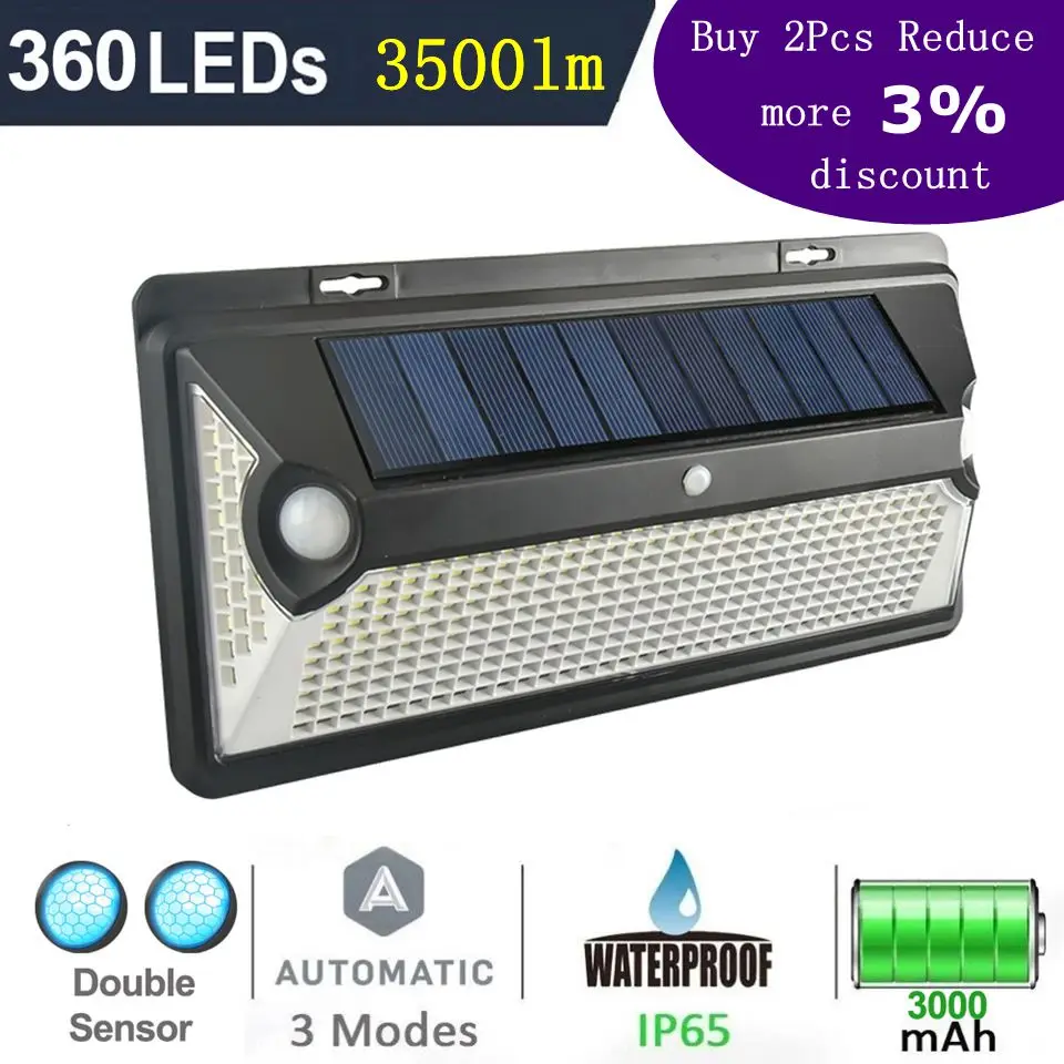 360/720 LED Solar Light Outdoors Sunlight Waterproof Street Exterior Wall Lamp PIR Motion Sensor Night Security Garden Lighting | Лампы и