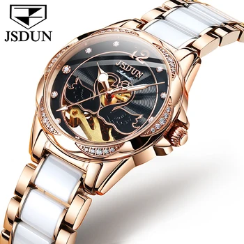 

JSDUN 2020 Explosion-proof Ceramic Strap Ladies Waterproof Mechanical Watch Hollow Fashion Ladie Automatic Watches