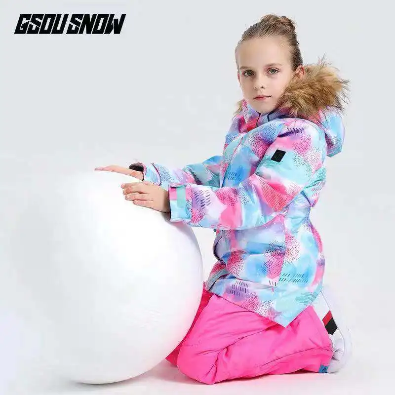 GSOU/лыжный костюм для девочек; детская одежда для сноуборда; брюки; зимняя меховая куртка с капюшоном; брюки; ветрозащитная водонепроницаемая Спортивная одежда для улицы