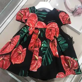 

Summer Girl Kids Red Floewr&Green Leaves Dress Cotton Princess Black Dresses for Baby Clover Dress