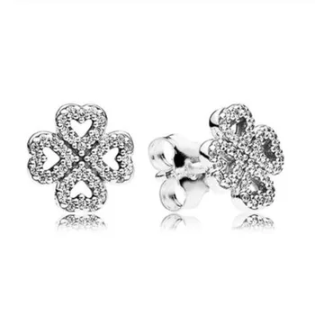 

100% 925 Sterling Silver Pan Earring Shining Lucky Clover With Crystal Pan Earrings For Women Wedding Gift Fashion Jewelry
