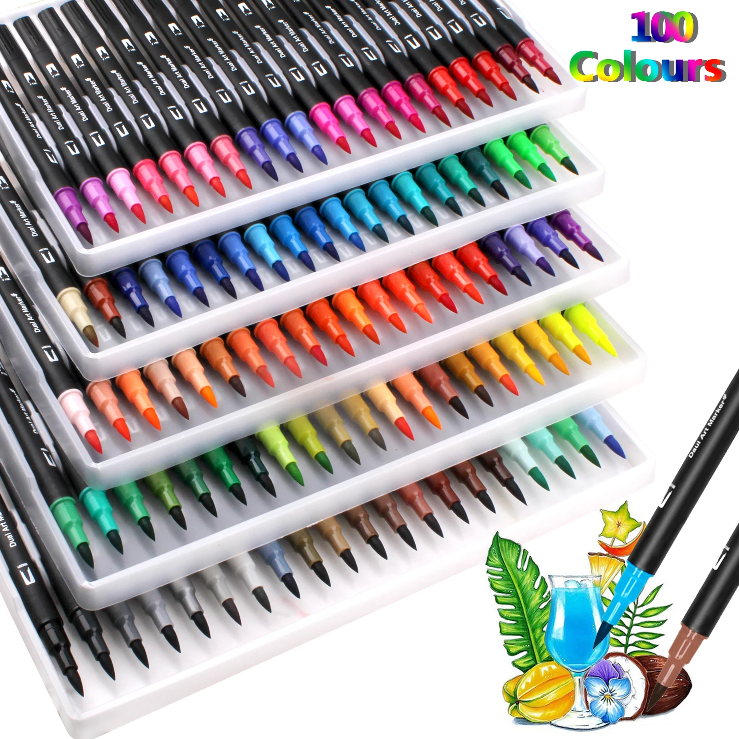 100 Colors Dual Tip Brush Pens Highlighter Art Markers 0.4mm Fine Line -  gcquill