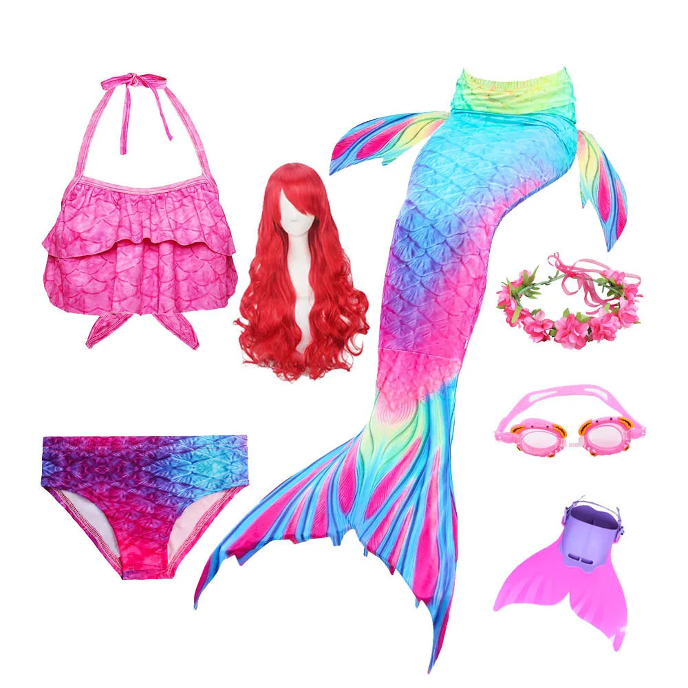 New Girls Swimming Mermaid Tails Mermaid Wig Costume Cosplay Party Children Bathing Suit Kids Swimwear Swimsuit with Monofin Fin