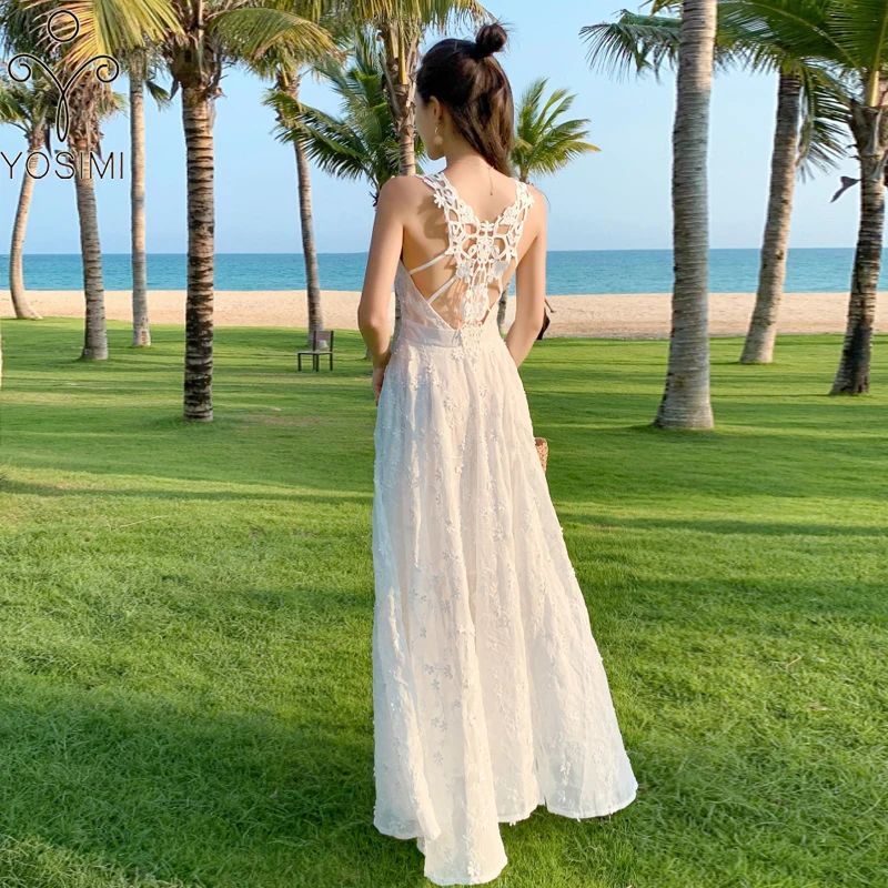 

YOSIMI Summer Maxi Lace Sexy Long Women Dress Elegant Blackless Sleeveless V-neck Long Evening Party White Dress Ankle-Length