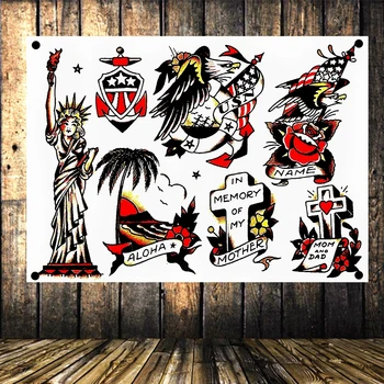 

Exaggerated Tattoo Diagram Vintage Flag Banner Poster Canvas Wall Sticker Wall Hanging Tapestry Print Art Wall Decoration Y8