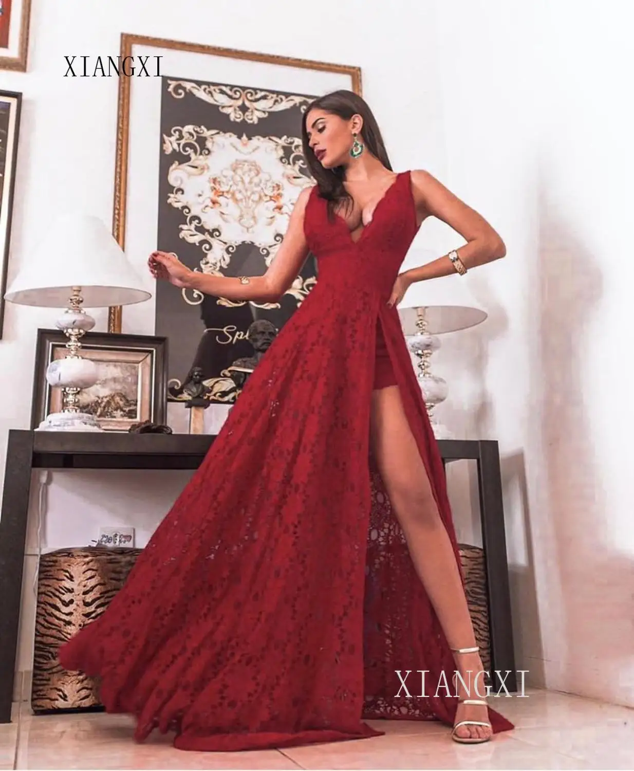 de noche rojo oscuro, largo, de encaje, con cuello en V, sin mangas, abertura Formal, para fiesta|Vestidos de noche| - AliExpress