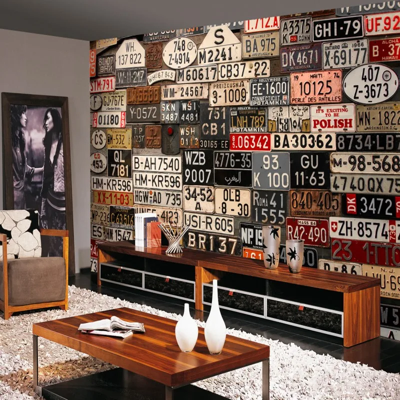 

Dropship Custom Mural Europe And The United States Nostalgic Retro License Plate Background Wall Wallpaper Living Room Mural