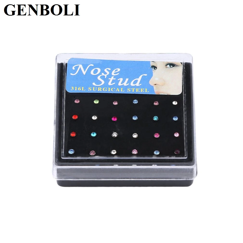 24pcs/pack Stainless Steel Rhinestone Nose Piercing Stud Straight Pins Bars Fashion Body Jewelry - Окраска металла: multicolor