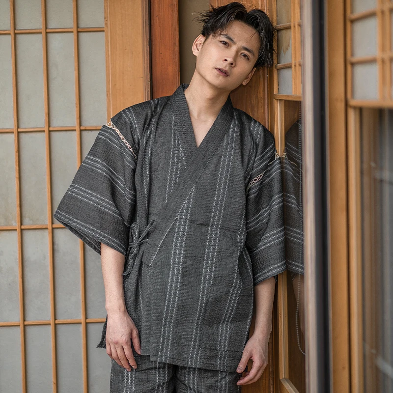 Summer Kimono Jinbei Traditional Pajamas Sets Japanese Pattern Haori Yukata  Samurai Tops and Pants Male Lounge Dressing Gown - AliExpress