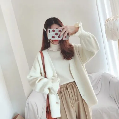 beige Woherb осенне-зимний вязаный кардиган женский Kawaii свитер для фейерверка пальто Джемперы Женские вязаные куртки 22889 - Цвет: beige