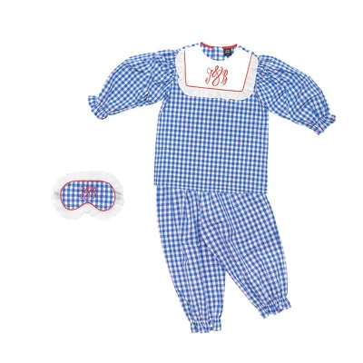 Vintage Unisex Kid Letters Embroidered Pajama Set With Blindfold.Toddler Girl Boy Plaid Sleepwear Pyjamas Set.Children Clothing vintage nightgowns	 Sleepwear & Robes