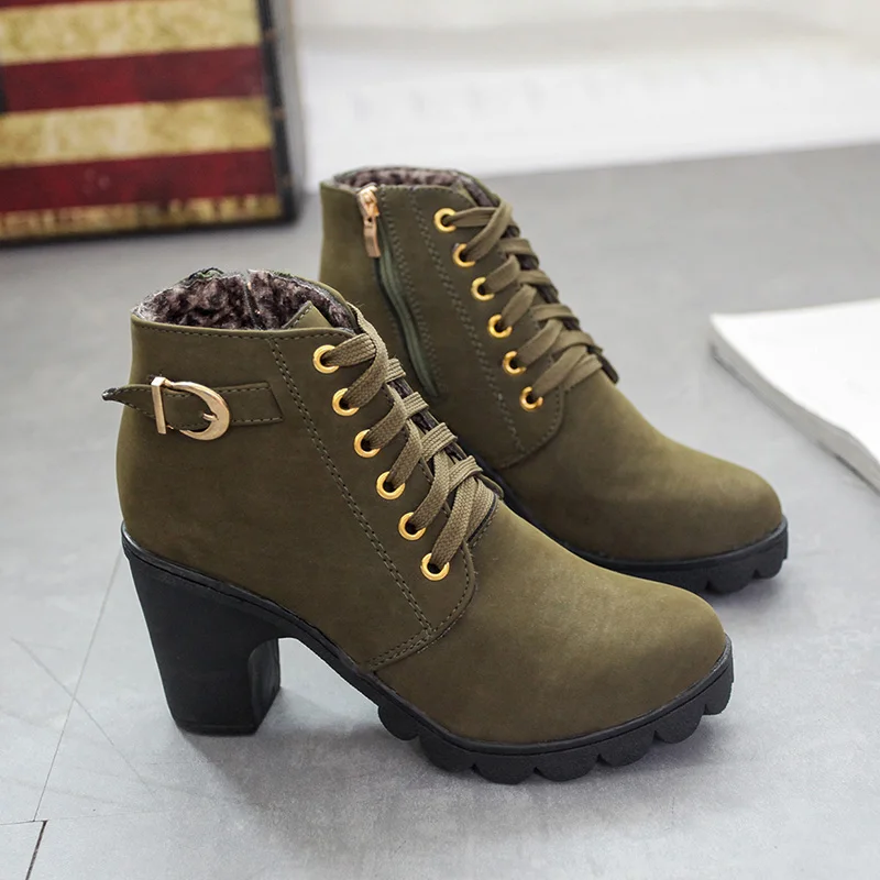 New Winter Women Platform High Heels Ankle Boots Women Boots Buckle Shoes Thick Heel Short Martin snow Boots Ladies mujer T090