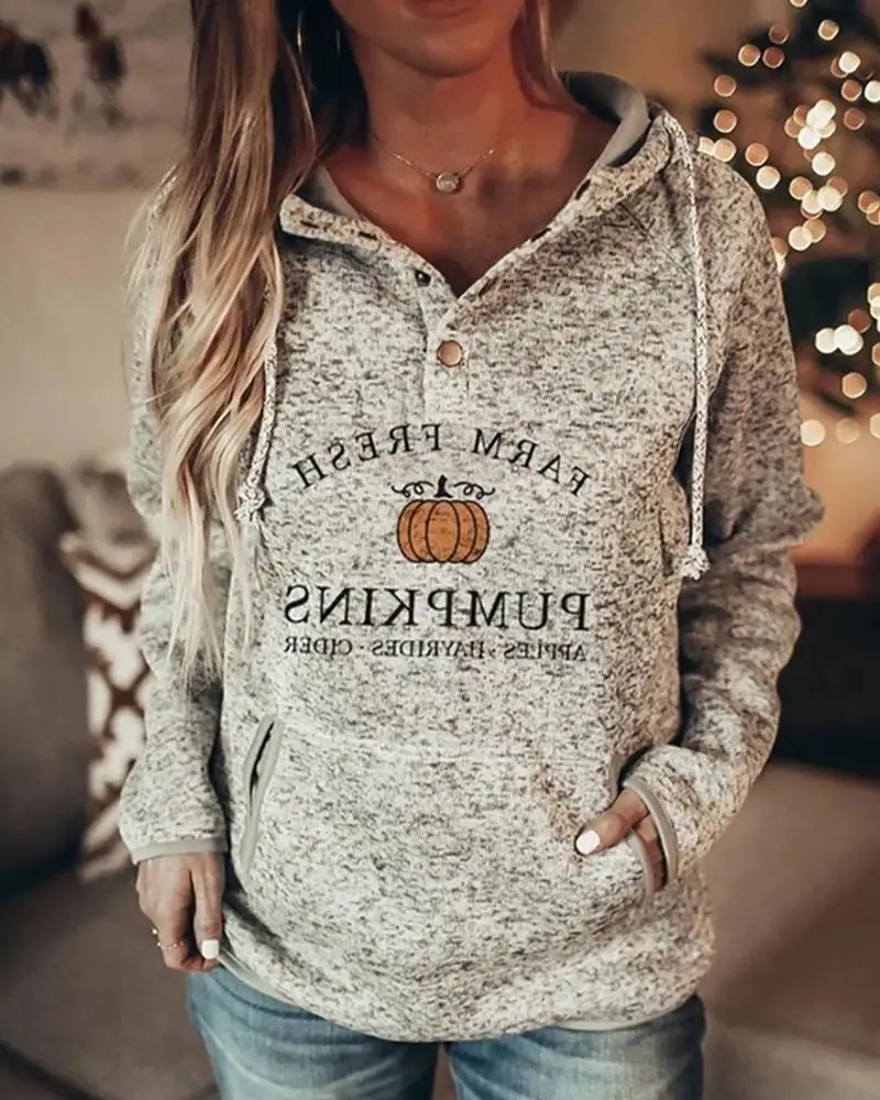 

2020 Women Autumn Spring Fashion Hooded Basic Long Sleeve Halloween Pumpkin Letter Print Pocket Design Hoodie Casual Woman