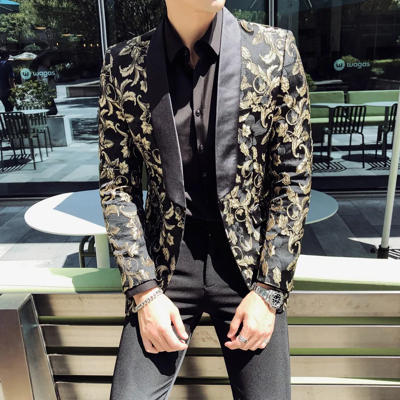 

Gold Jacquard Bronzing Floral Men Party Stage Singer Costume Homme 2020 Spring Mens Patchwork One Button Blazer Jacket