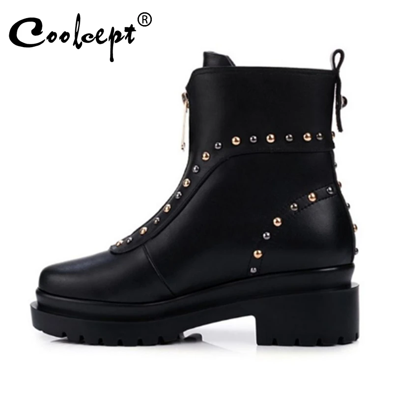

Coolcept 2020 Women Rivets Genuine Leather Zipper Ankle Boots Platform Chunky Heel Black Boots Winter Footwear Size 34-39