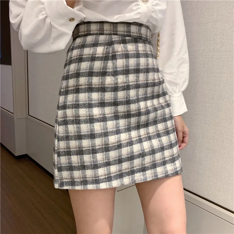 Осенняя и зимняя новая модная юбка с высокой талией, Женская клетчатая ретро юбка трапециевидной формы, тонкая юбка