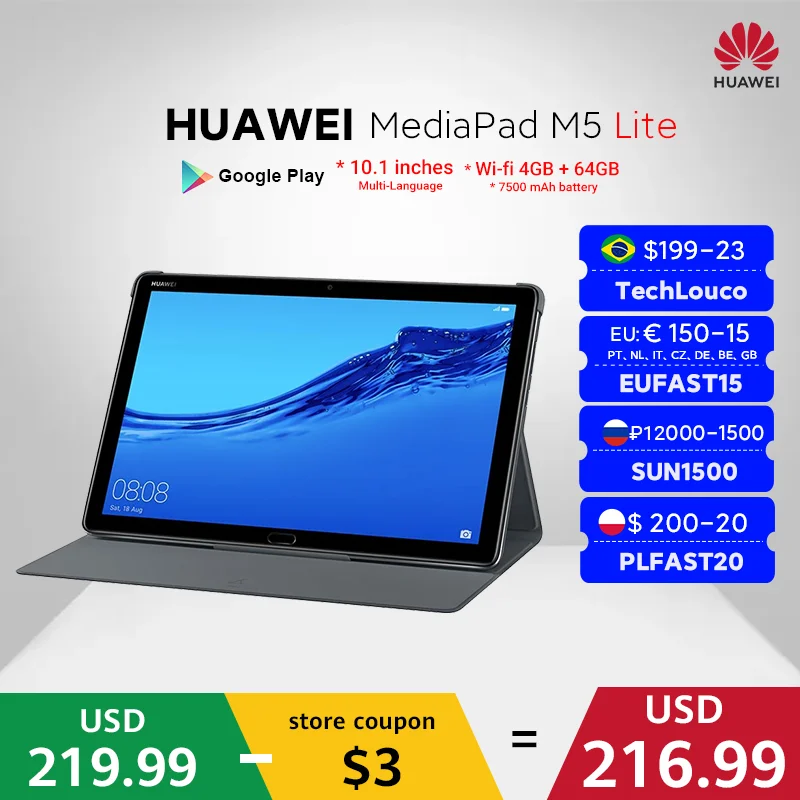 Global Version HUAWEI MediaPad M5 lite Tablet PC 10.1 inch 4GB 64GB WIFI  Version 7500 mAh Android 8.0