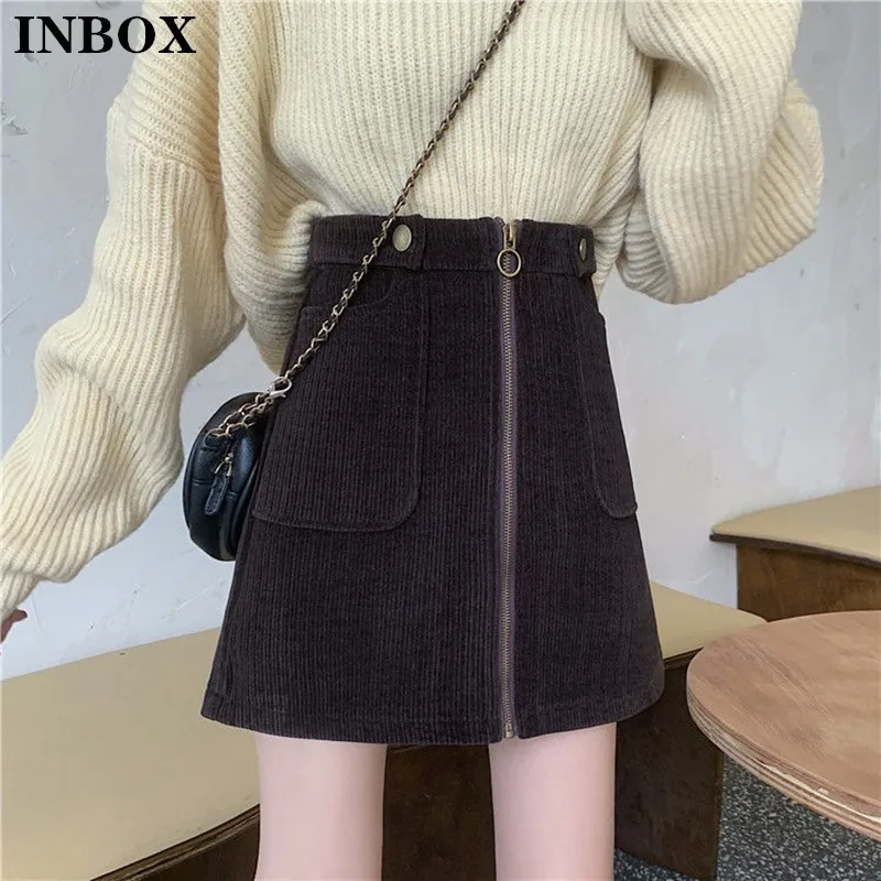 

INBOX Winter High Waist Zip Corduroy Womens Skirt 2021 Korean Elegant Fashion Short Skirts Ladies Office Mini A Line Skirt
